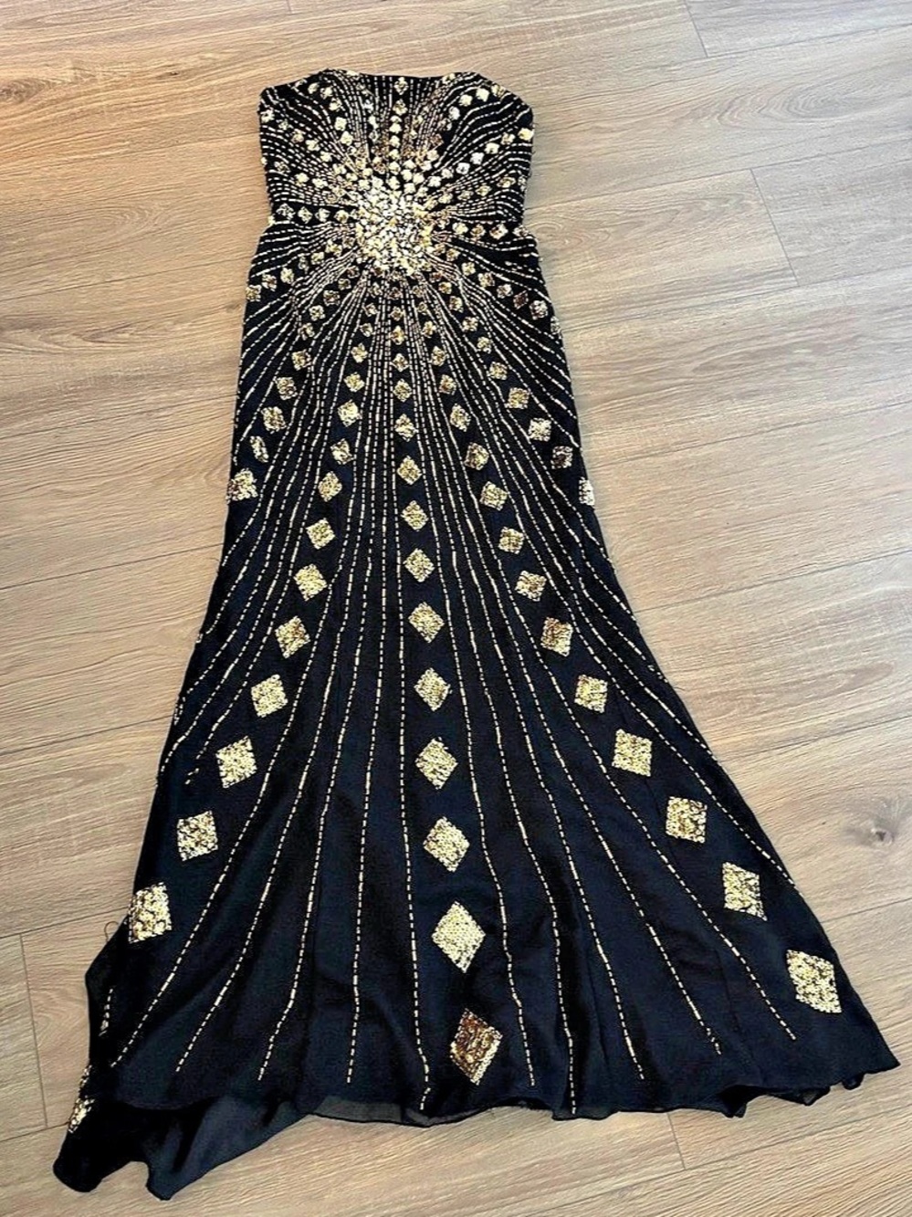 Tiffany Designs Black & Gold Embellished Maxi Dress Size 6 Like New